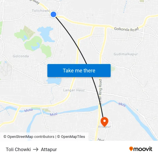 Toli Chowki to Attapur map