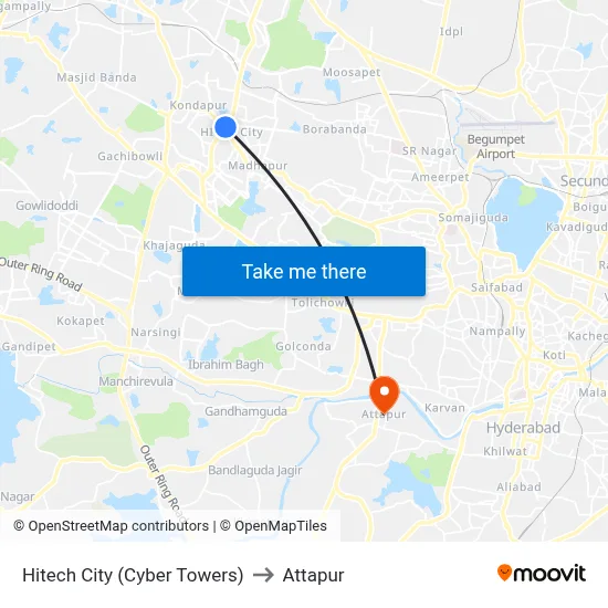 Hitech City (Cyber Towers) to Attapur map