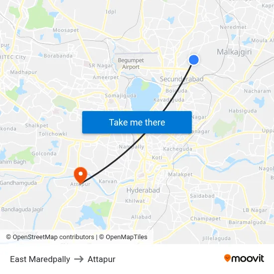 East Maredpally to Attapur map