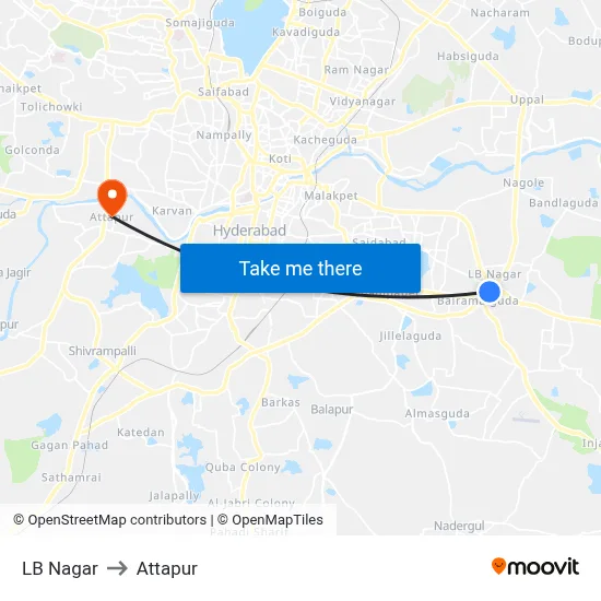 LB Nagar to Attapur map