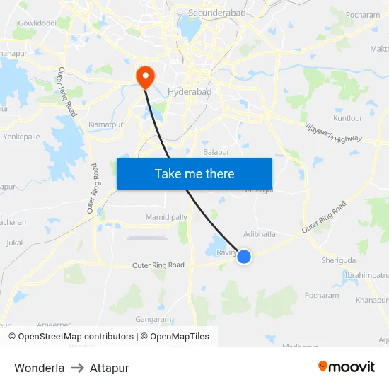 Wonderla to Attapur map