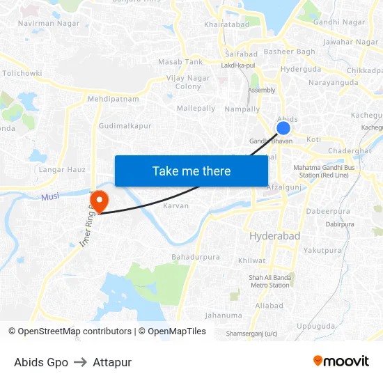 Abids Gpo to Attapur map