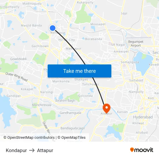 Kondapur to Attapur map