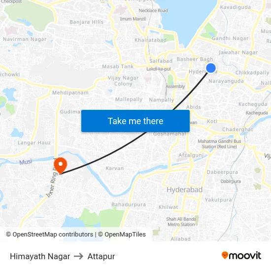 Himayath Nagar to Attapur map