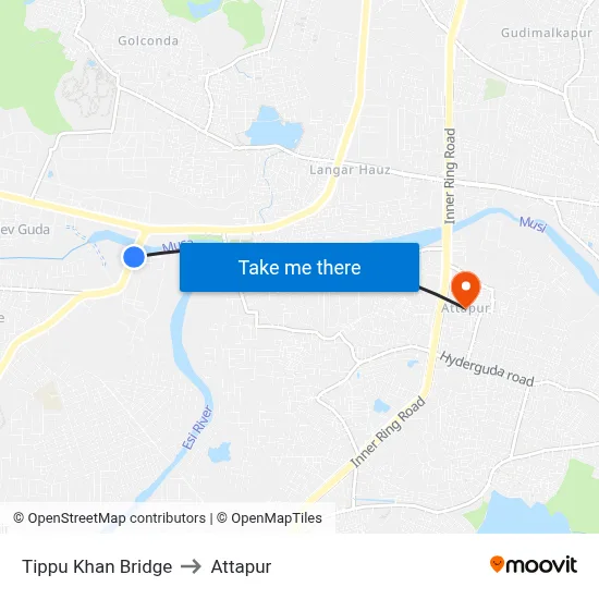 Tippu Khan Bridge to Attapur map