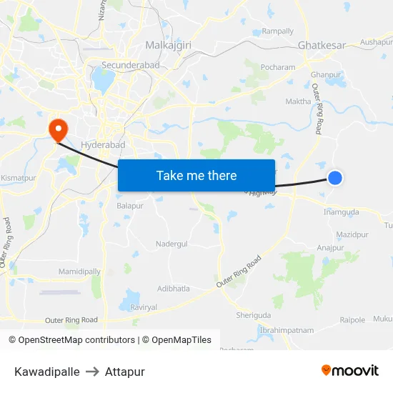 Kawadipalle to Attapur map