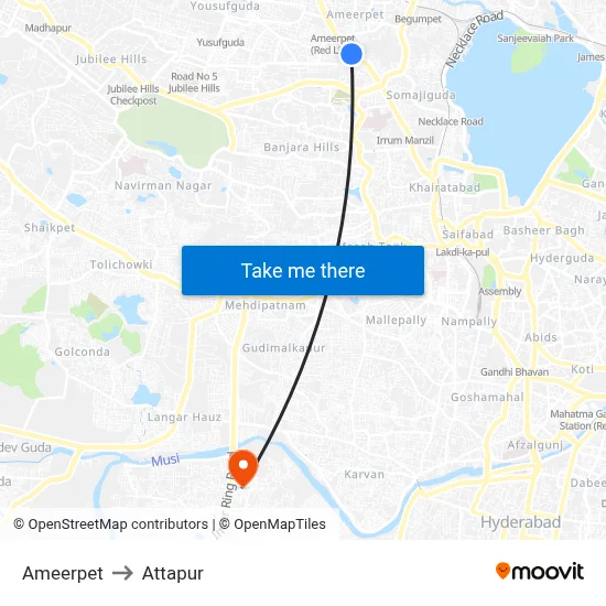 Ameerpet to Attapur map