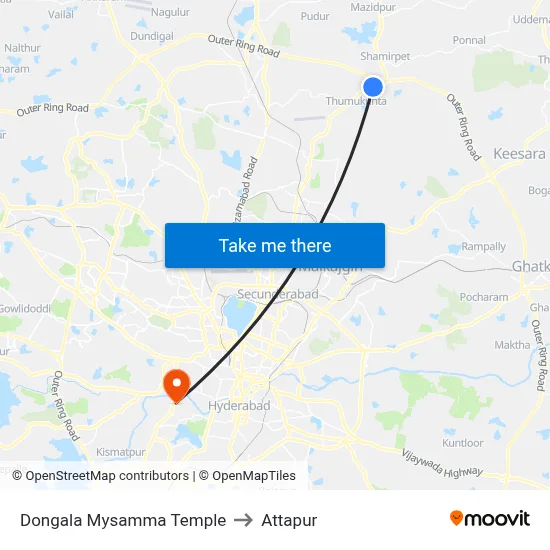 Dongala Mysamma Temple to Attapur map