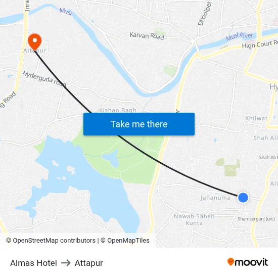 Almas Hotel to Attapur map