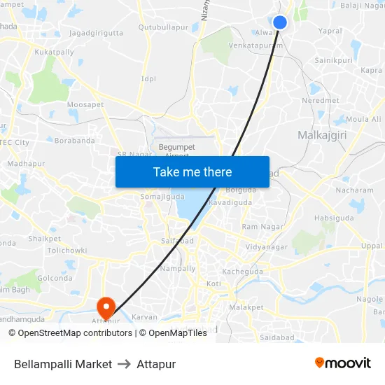 Bellampalli Market to Attapur map