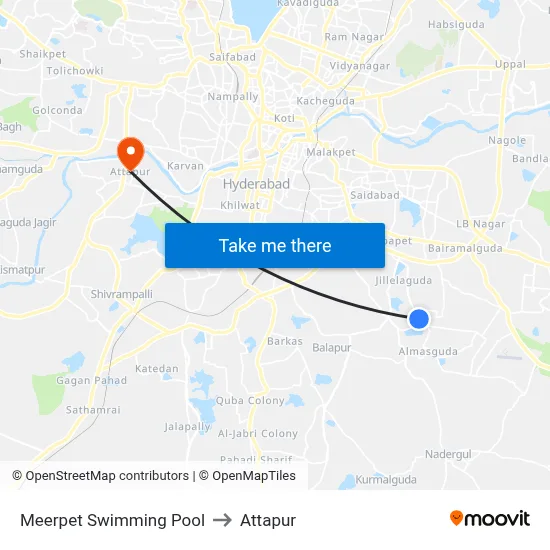 Meerpet Swimming Pool to Attapur map
