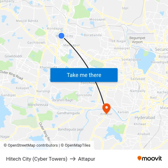 Hitech City (Cyber Towers) to Attapur map