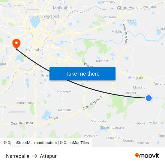 Narrepalle to Attapur map