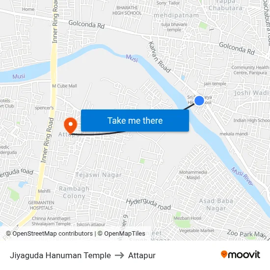 Jiyaguda Hanuman Temple to Attapur map