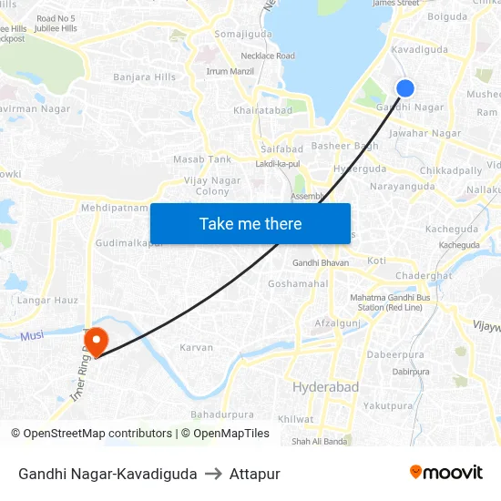 Gandhi Nagar-Kavadiguda to Attapur map