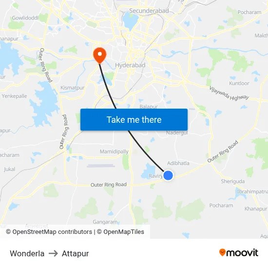 Wonderla to Attapur map