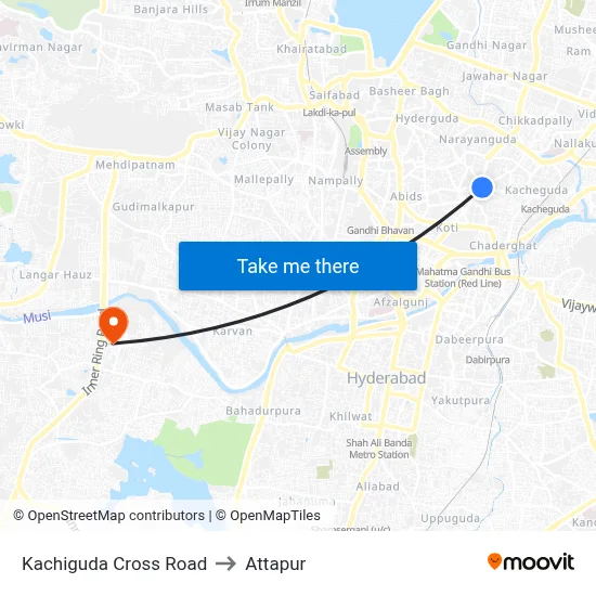 Kachiguda Cross Road to Attapur map