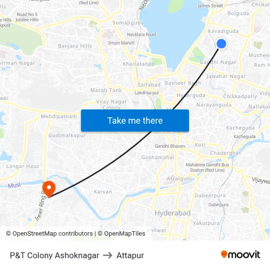 P&T Colony Ashoknagar to Attapur map