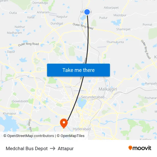 Medchal Bus Depot to Attapur map