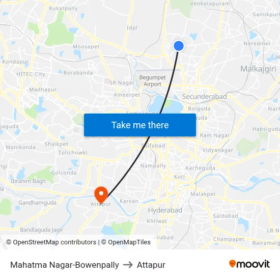 Mahatma Nagar-Bowenpally to Attapur map
