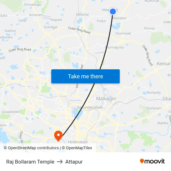 Raj Bollaram Temple to Attapur map