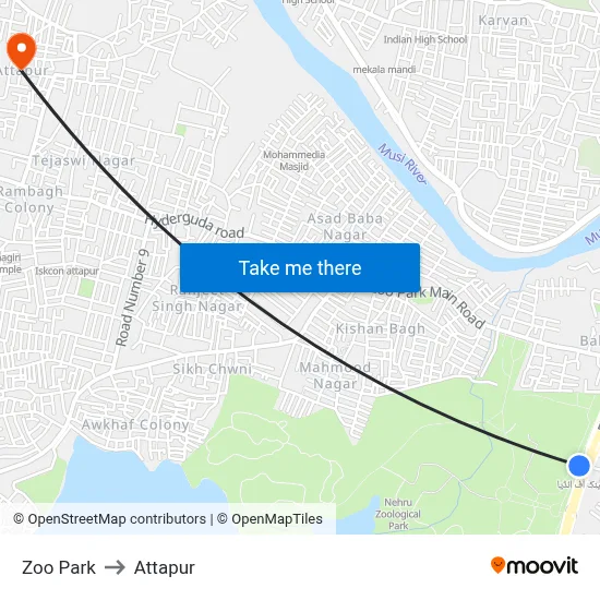 Zoo Park to Attapur map