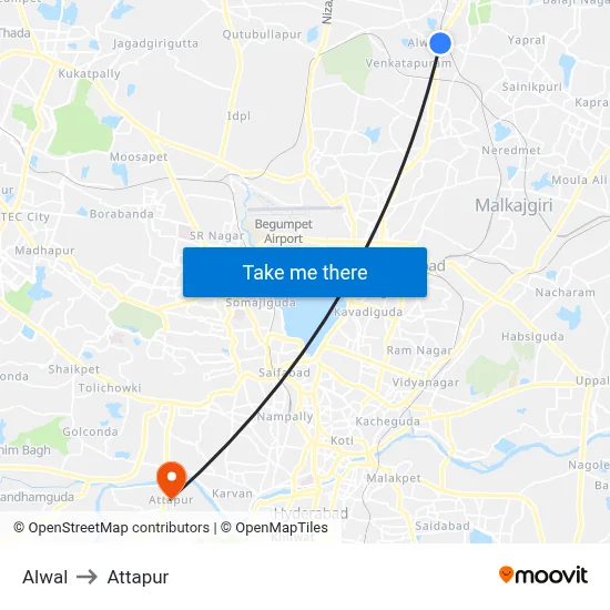 Alwal to Attapur map