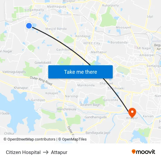 Citizen Hospital to Attapur map
