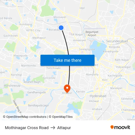Mothinagar Cross Road to Attapur map