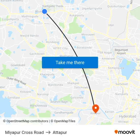 Miyapur Cross Road to Attapur map