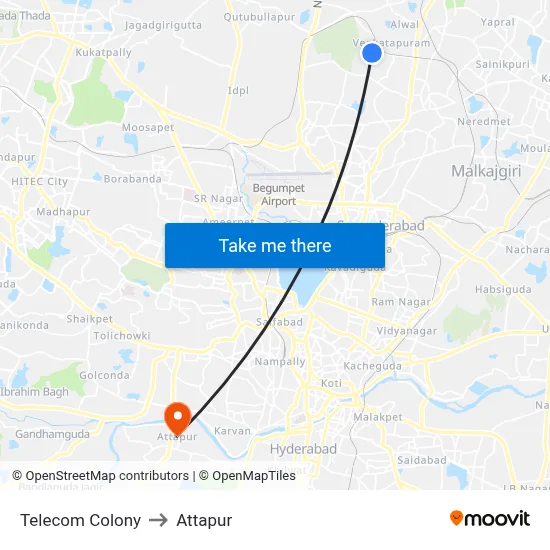 Telecom Colony to Attapur map