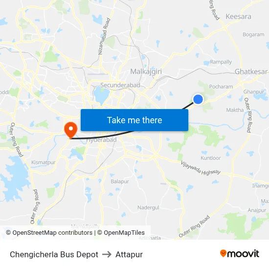 Chengicherla Bus Depot to Attapur map