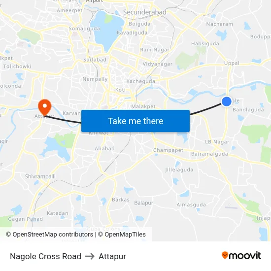 Nagole Cross Road to Attapur map