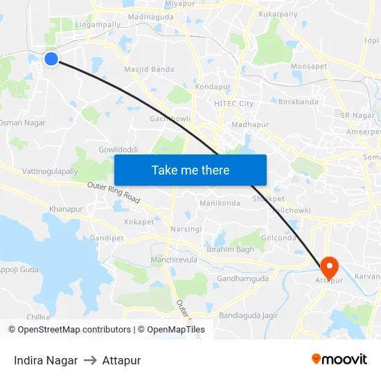 Indira Nagar to Attapur map