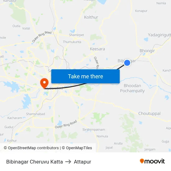 Bibinagar Cheruvu Katta to Attapur map