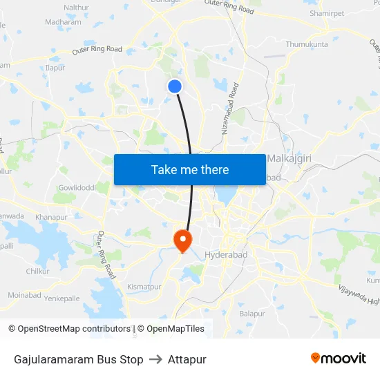 Gajularamaram Bus Stop to Attapur map