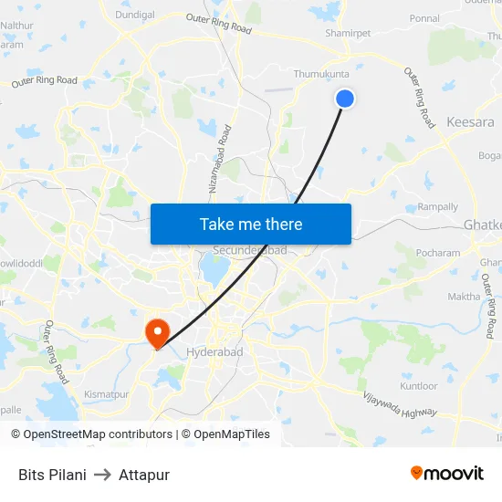 Bits Pilani to Attapur map