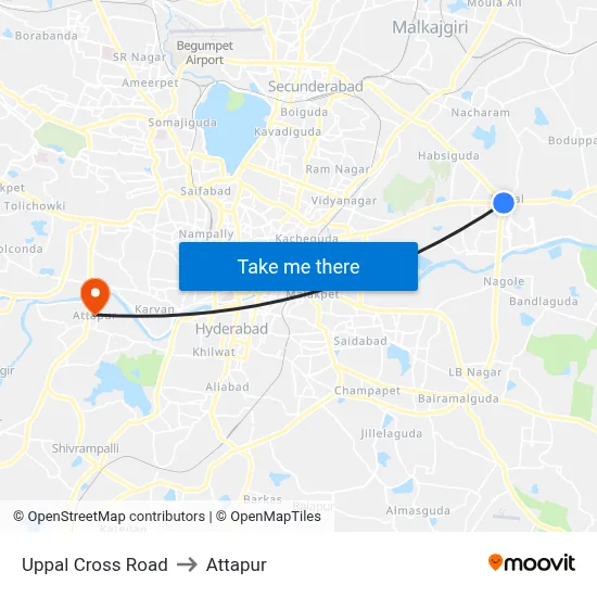 Uppal Cross Road to Attapur map