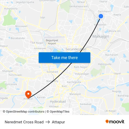 Neredmet Cross Road to Attapur map