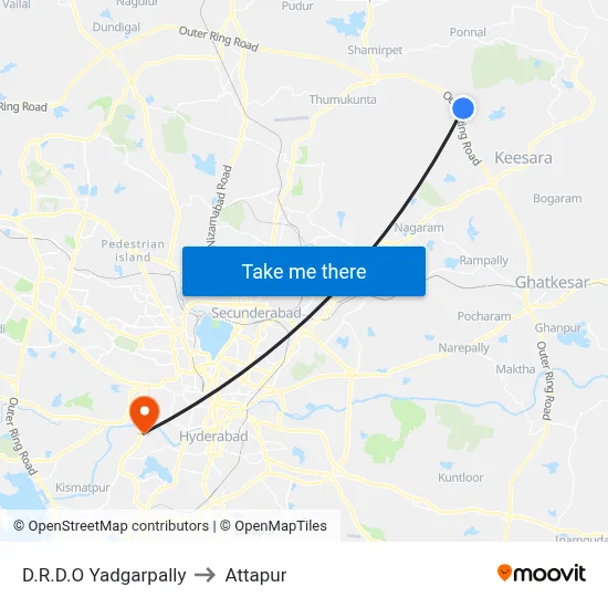 D.R.D.O Yadgarpally to Attapur map