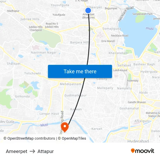 Ameerpet to Attapur map