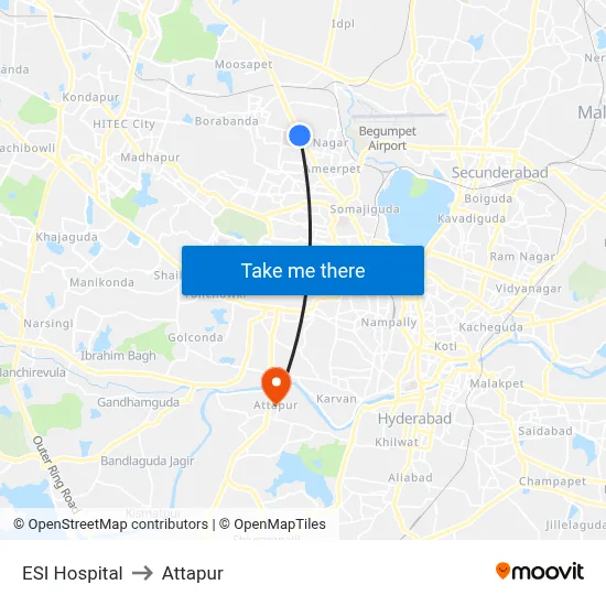 ESI Hospital to Attapur map