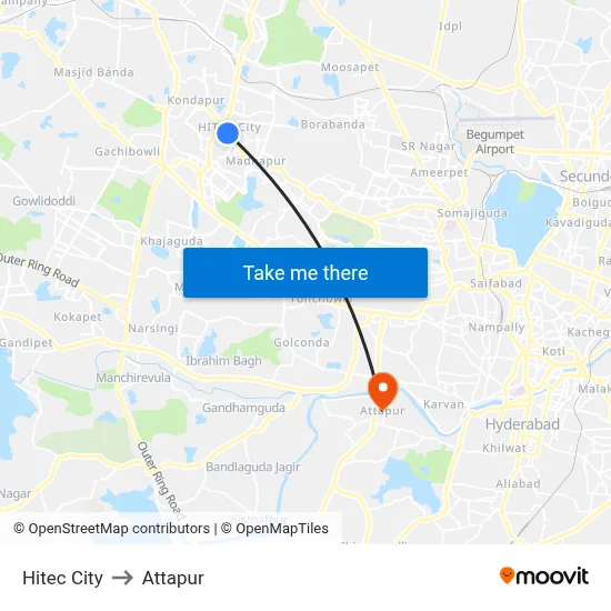 Hitec City to Attapur map