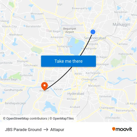 JBS Parade Ground to Attapur map