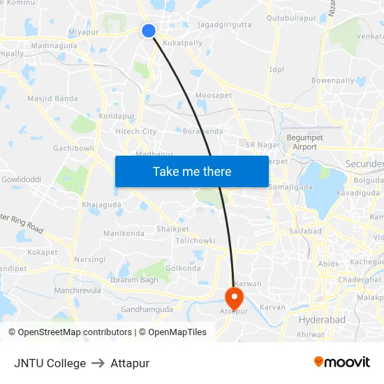 JNTU College to Attapur map