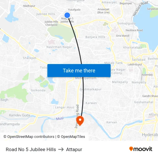 Road No 5 Jubilee Hills to Attapur map