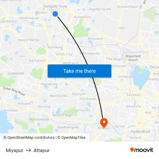 Miyapur to Attapur map