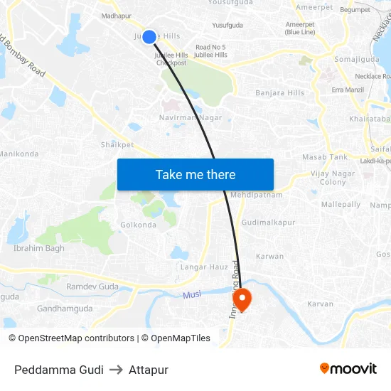 Peddamma Gudi to Attapur map