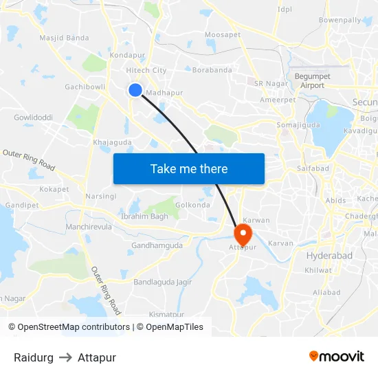 Raidurg to Attapur map