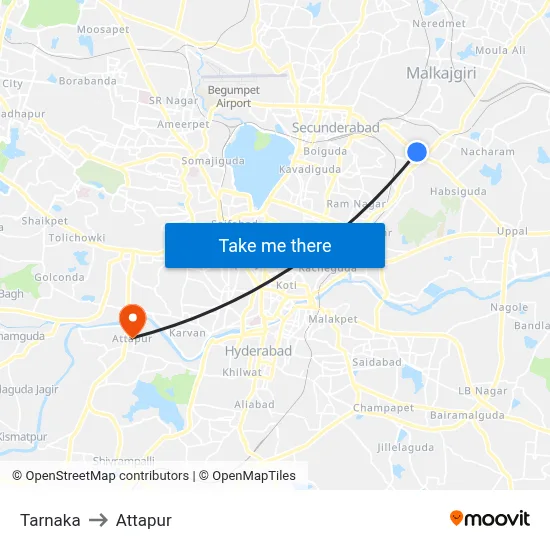 Tarnaka to Attapur map